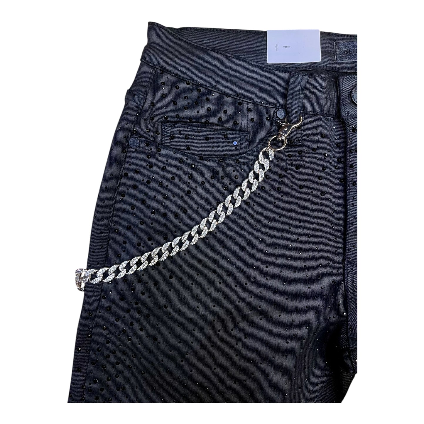 BTP26985 - Allover Rhinestone Wax Coated Stretch Stacked Flare Jeans with Silver Side Chain