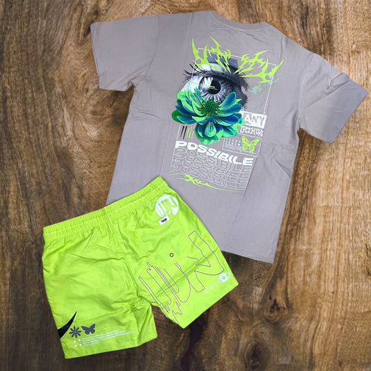US5109 - Anything is Possible Graphic Shirt, Shorts SET (Phantom/Lime)
