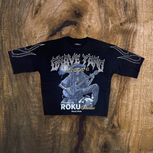 RK5481768 - Graveyard Groove with Rhinestones Cropped Drop Shoulder Fleece Crewneck