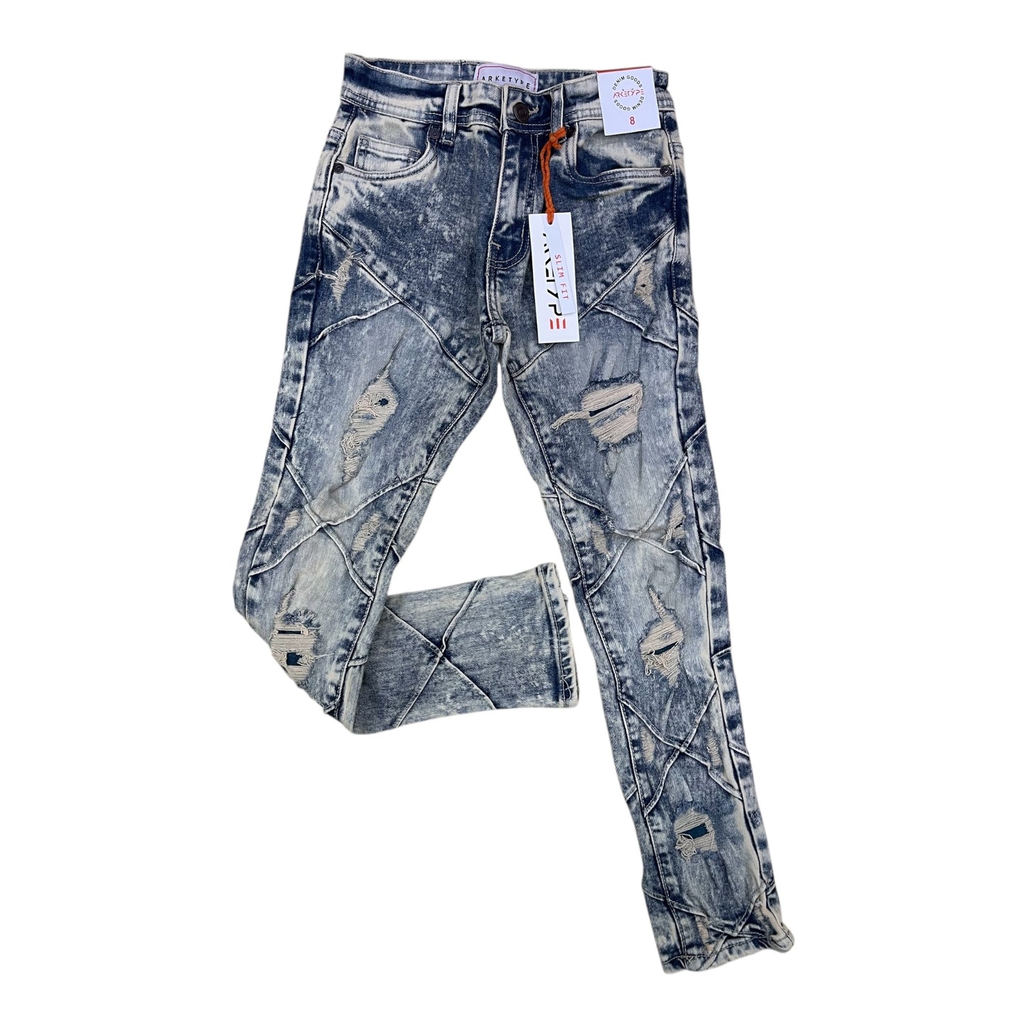 P507K - Boy's/Kids Pleated Edge Ripped Slim-Fit Stretch Jeans