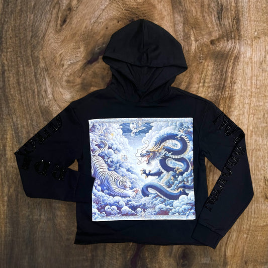 FB2543K - Kid's/Boy Tiger and Dragon Print w/Bruised Not Broken Rhinestone Graphic Cropped Hoodie