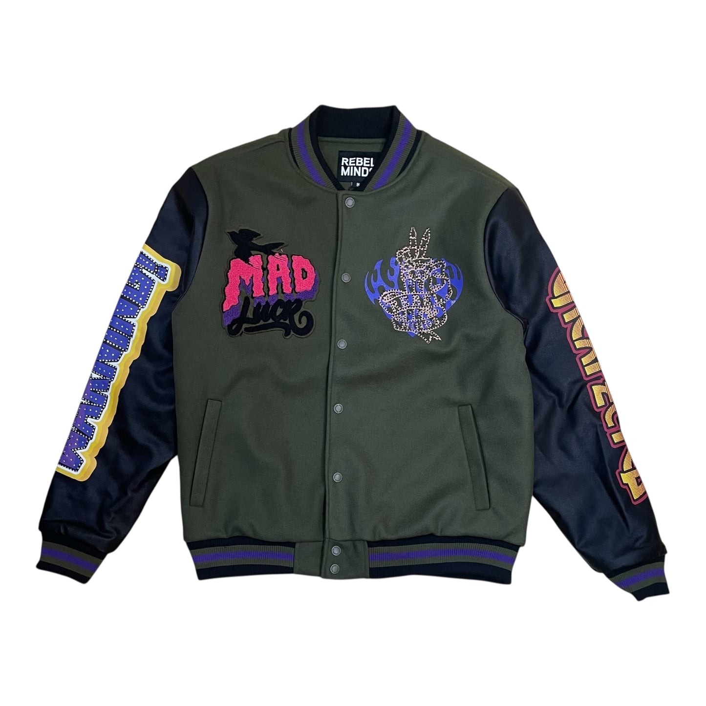 152-511 - Madness "Mad Lucky" Rhinestone Varsity Jacket (Olive)