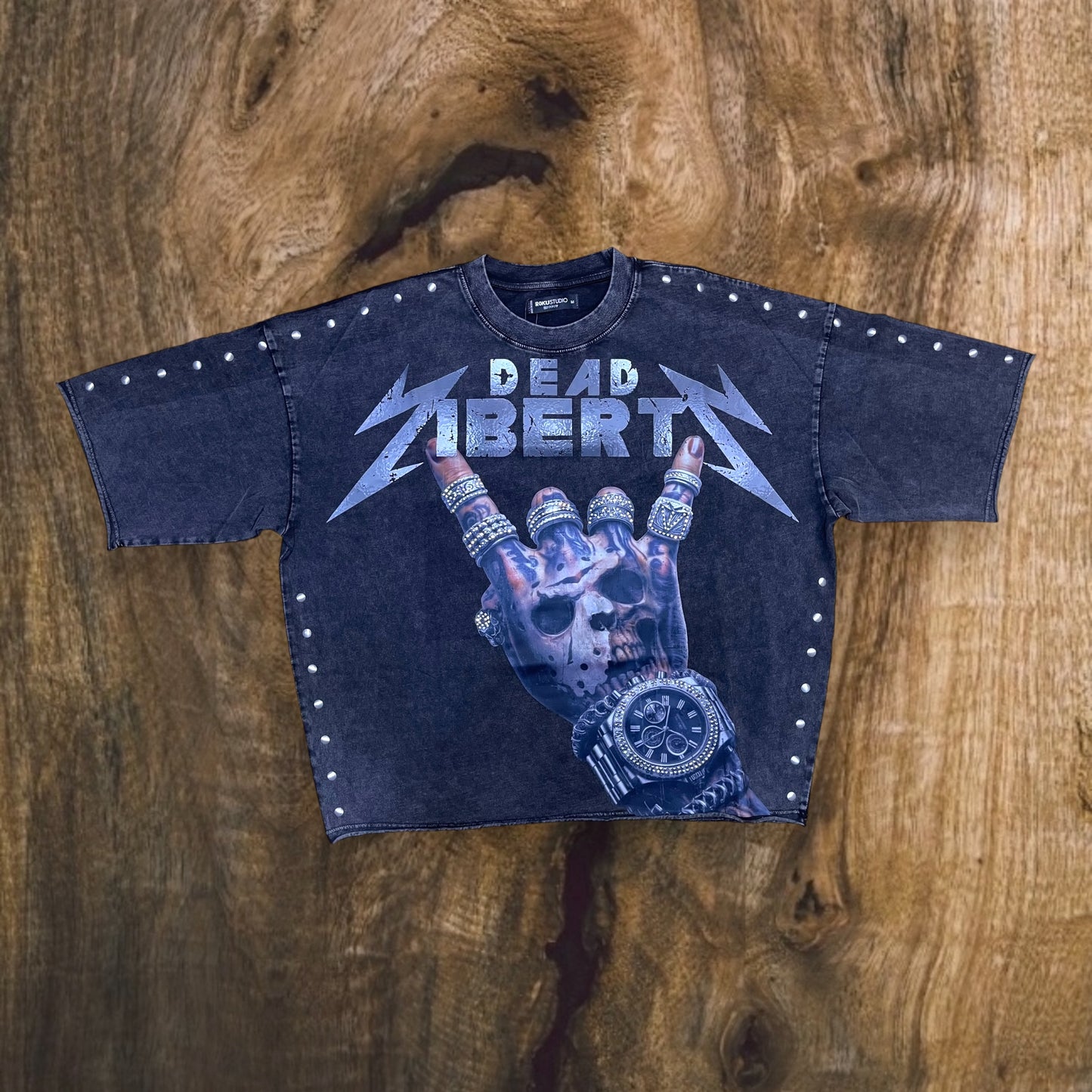 RK1481688 - Dead Liberty Rhinestone Cropped Drop Shoulder Graphic T-Shirt (Washed Black)