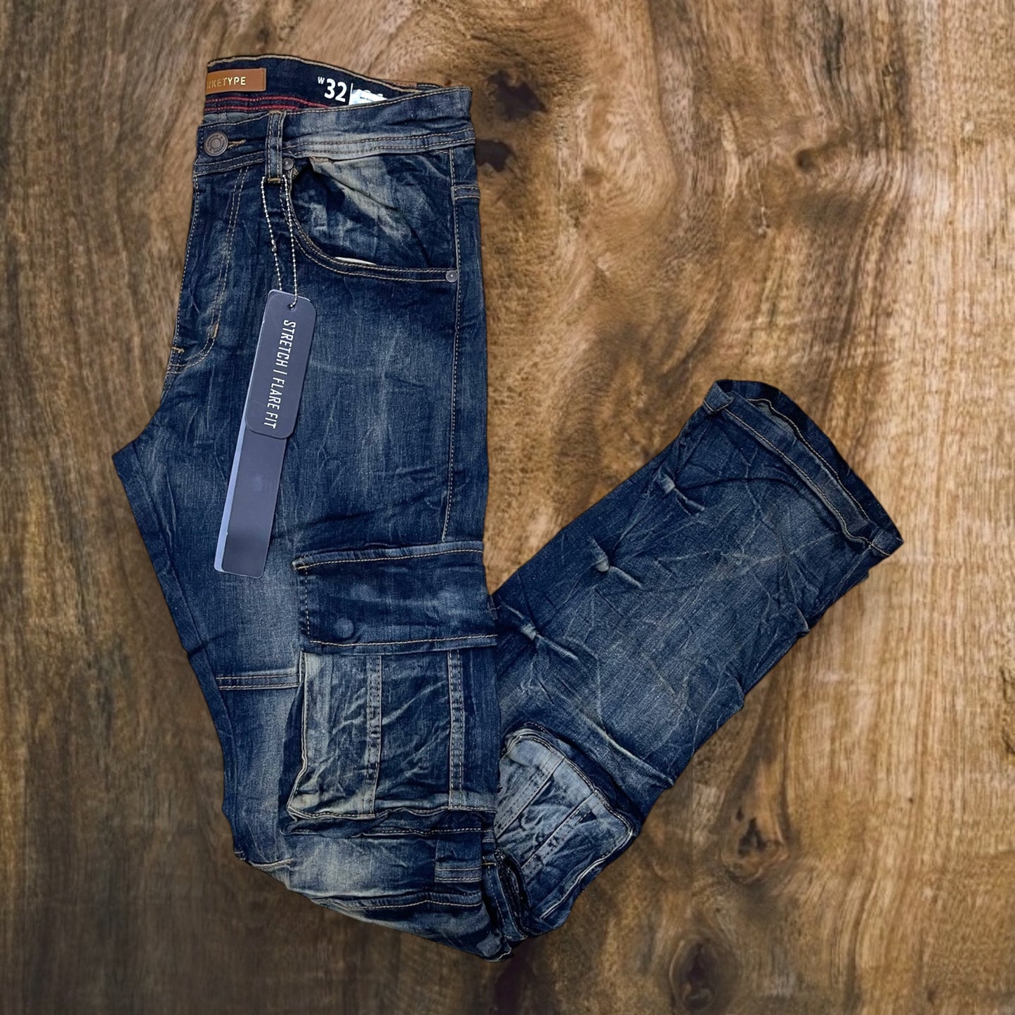 P536 - OS Cargo Stretchable Stacked Flared Jeans