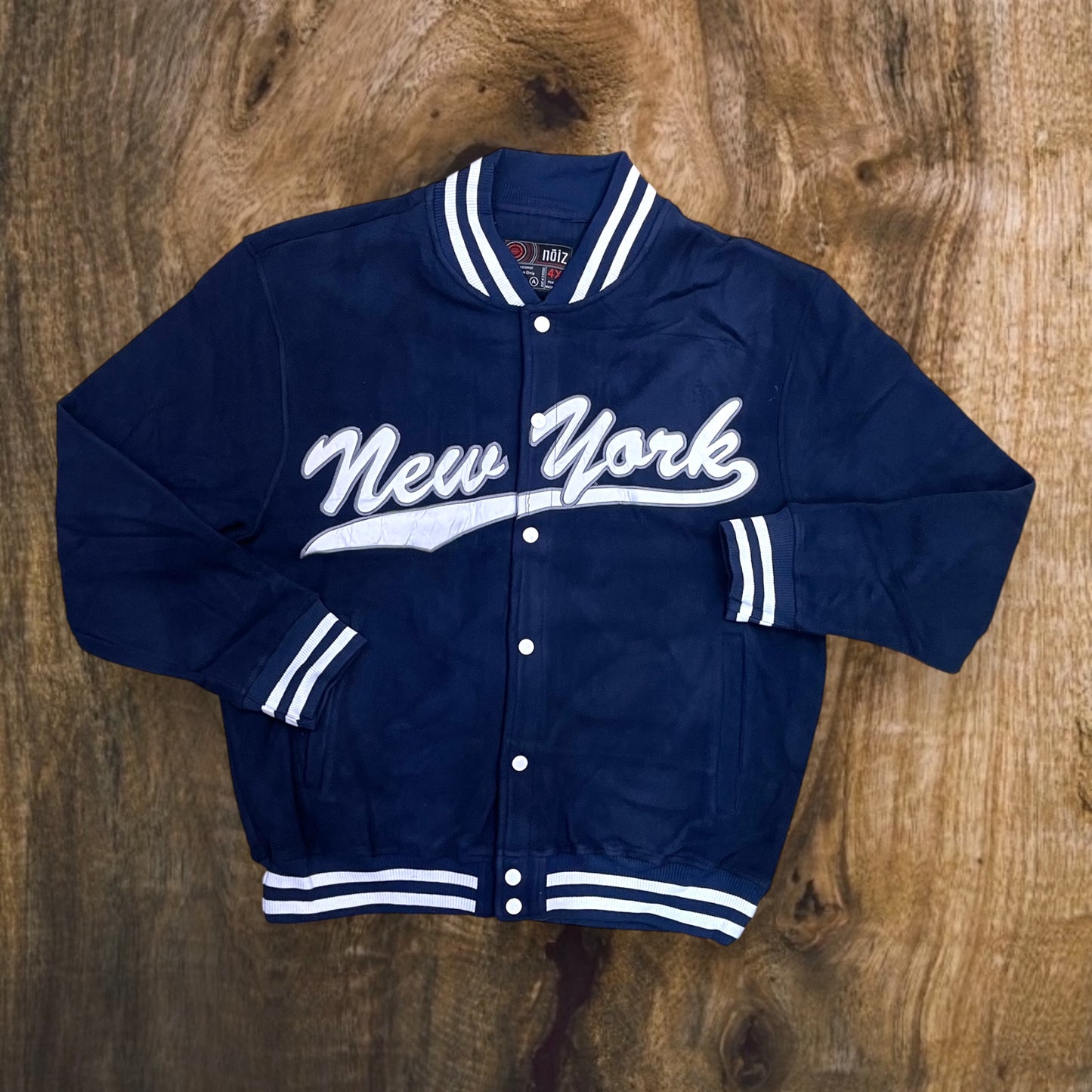 JK534 - New York Solid City Varsity Jacket (Navy/White)