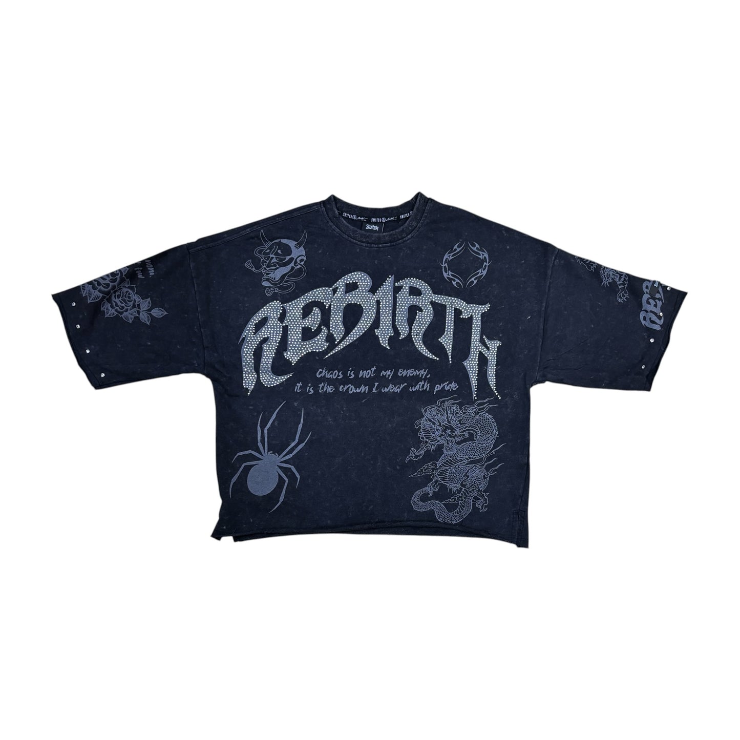 WH-SM6140 - Rebirth with Studs n Rhinestone Cropped Top Graphic T-Shirt
