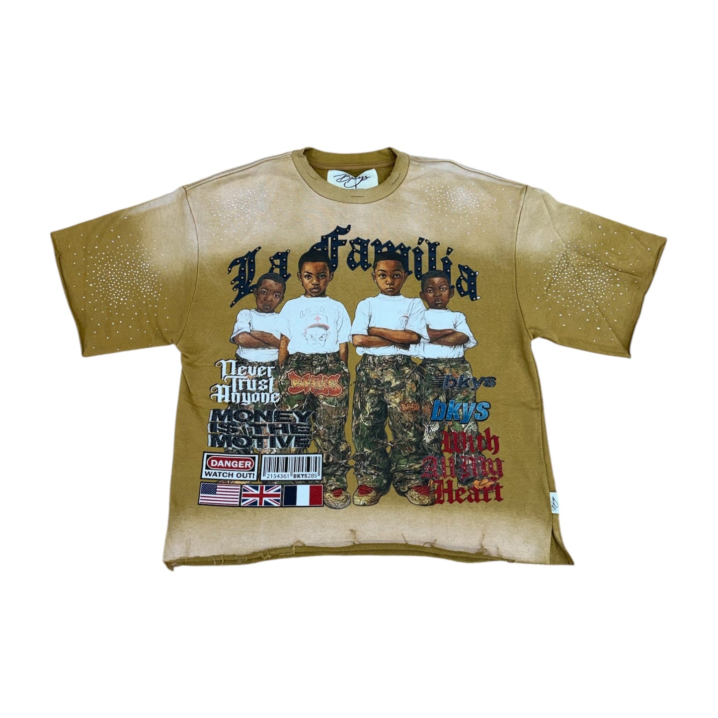 WH-T1613 - La Familia Graphic with Rhinestones n Studs Crop T-Shirt