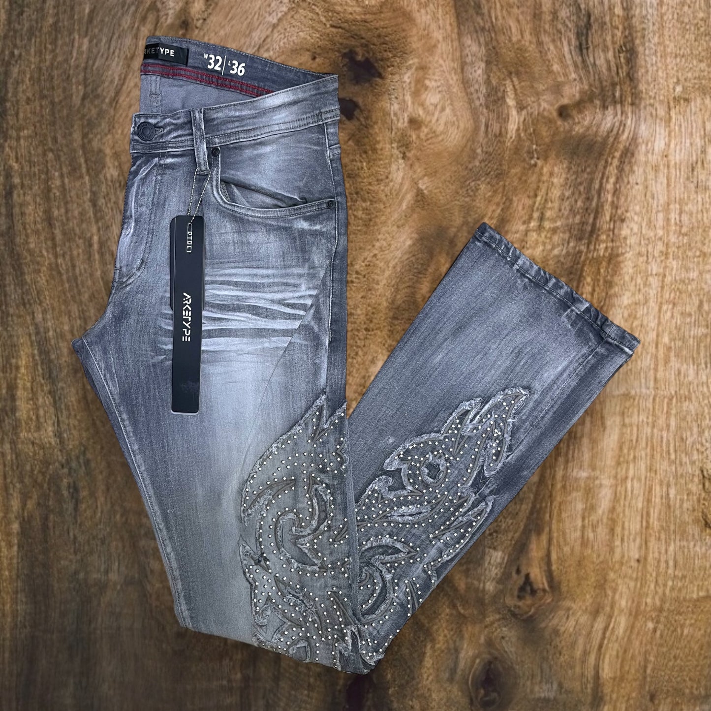 P543 - Dark Shdw with Studs Stretchable Stacked Flared Jeans