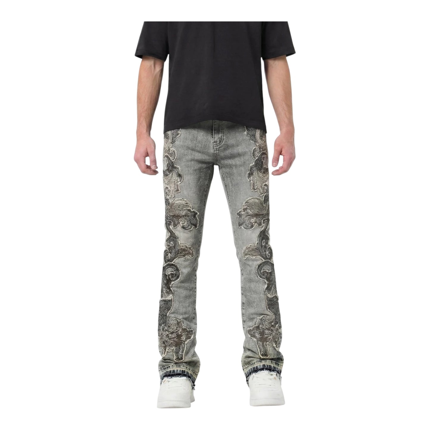M8558D - Raw Baroque Panels with Rhinestones Stacked Flare Jeans