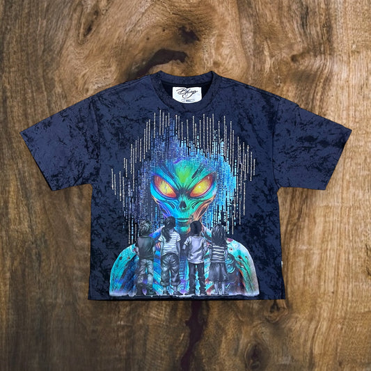 T1328 - Battle Against Alien with Rhinestones Cropped Top T-Shirt