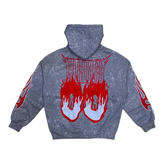 152-315 - Flame Skull Acid Washed Graphic Fleece Hoodie