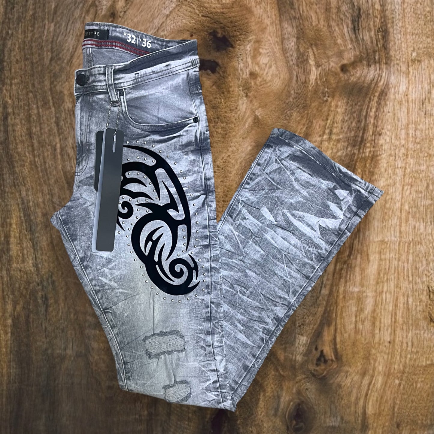 P545 - Tribal Flock with Studs Stretchable Stacked Flared Jeans
