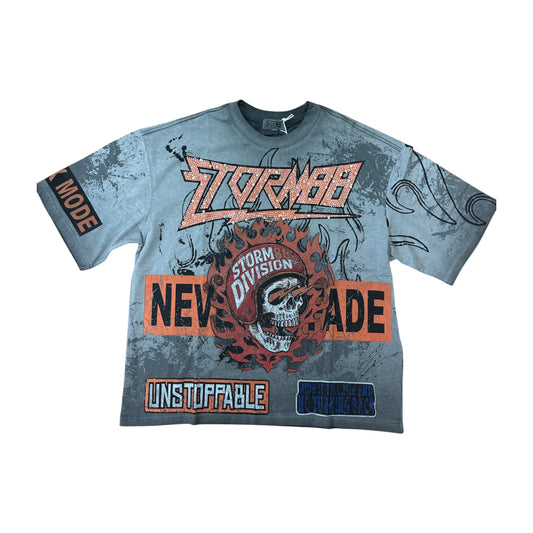 WH-ST8-017 - Storm88 with Rhinestone Heavy Print & Garment Wash Regular Fit Graphic Tee