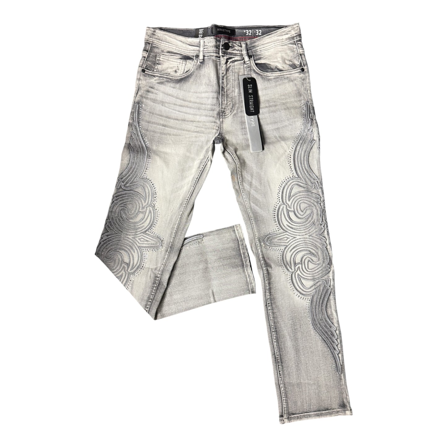 WH-P568 - Ornate Embroidered with Rhinestones Slim Straight-Fit Stretch Jeans