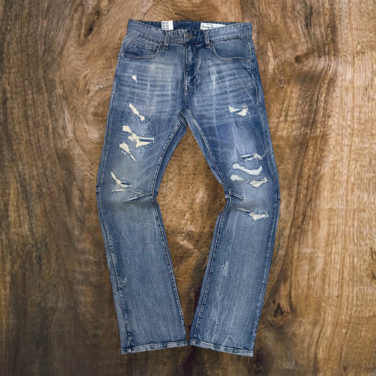 JP24702 - Ripped Vintage Washed Stacked Flare Jeans (Topaz Blue)