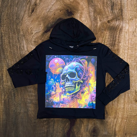 FB2542 - Bruised Not Broken Rhinestone Graphic Cropped Hoodie