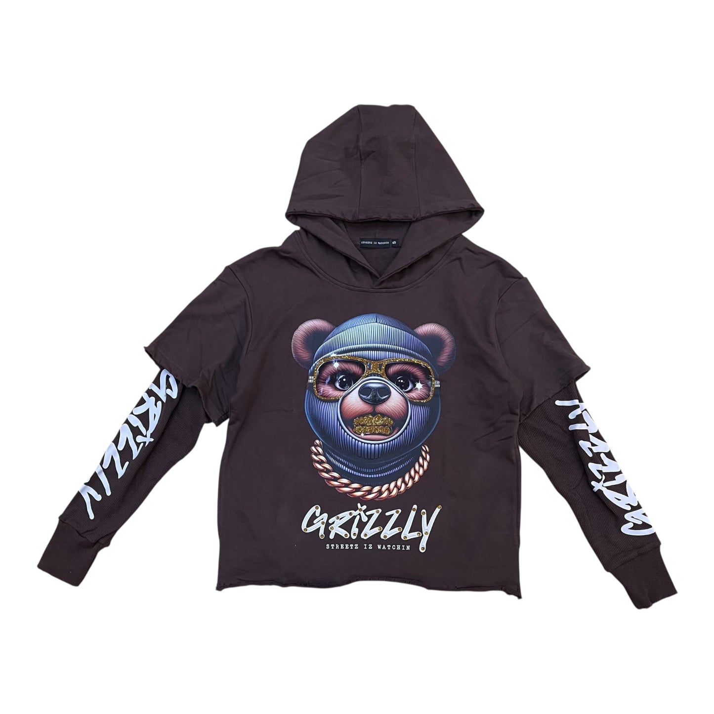S2FH5238 - Grizzly Rhinestones 2FER Cropped Hoodie