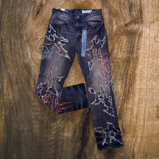 JP25647 - ASCENDED Flame-Pattern with Studded Pockets Straight-Fit Stretch Jeans