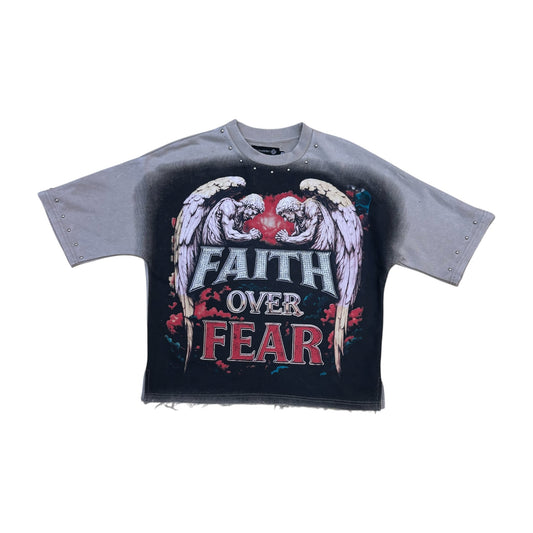 SD2610 - Faith Over Fear with Rhinestone n Studs French Terry Cropped Top