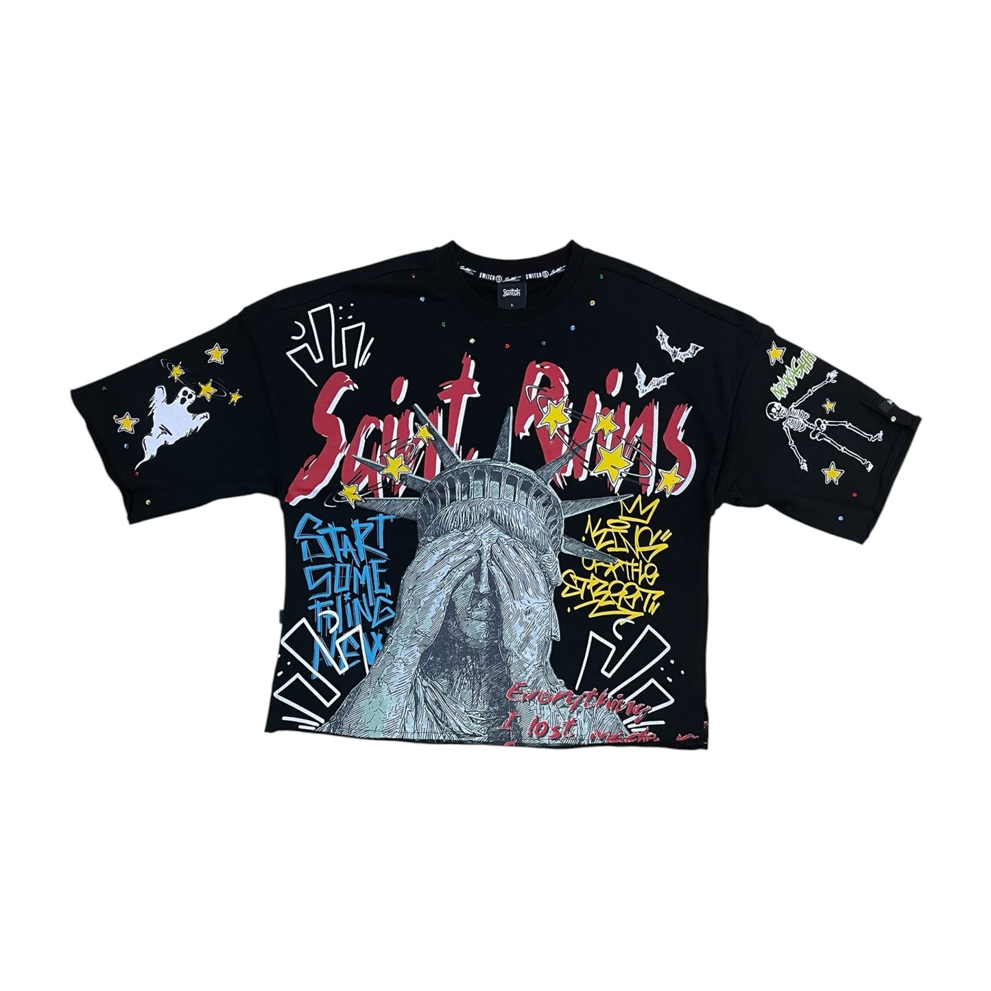 WH-SW6164 - Saint Ruins with Studs Cropped Top Graphic T-Shirt
