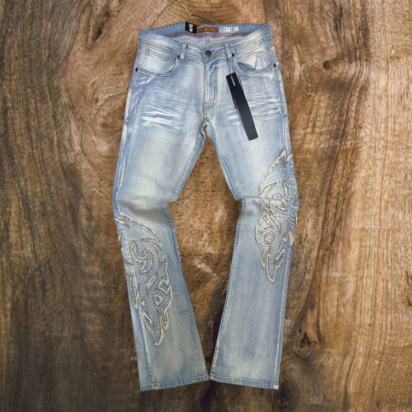P543 - Dark Shdw with Studs Stretchable Stacked Flared Jeans
