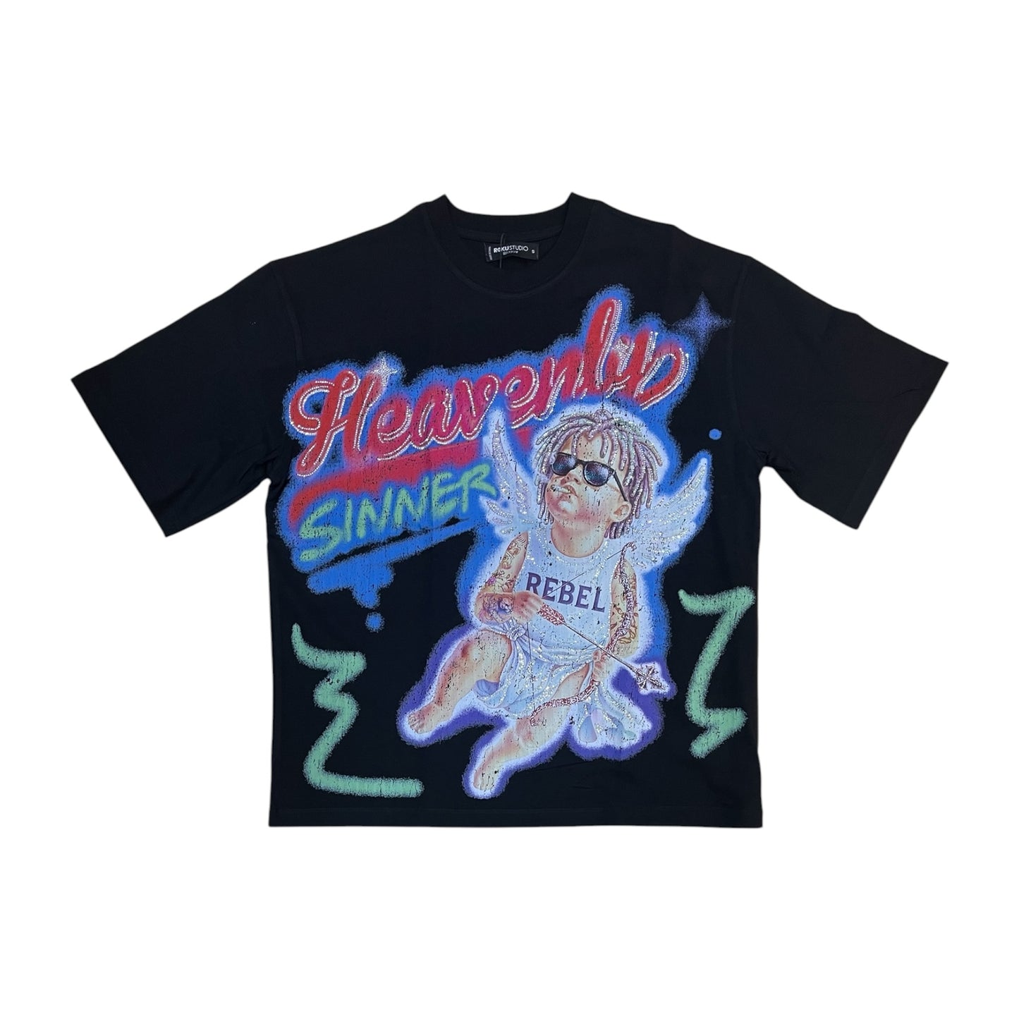 WH-RK1482096 - Heavenly Faded with Rhinestones Boxy Graphic T-Shirt