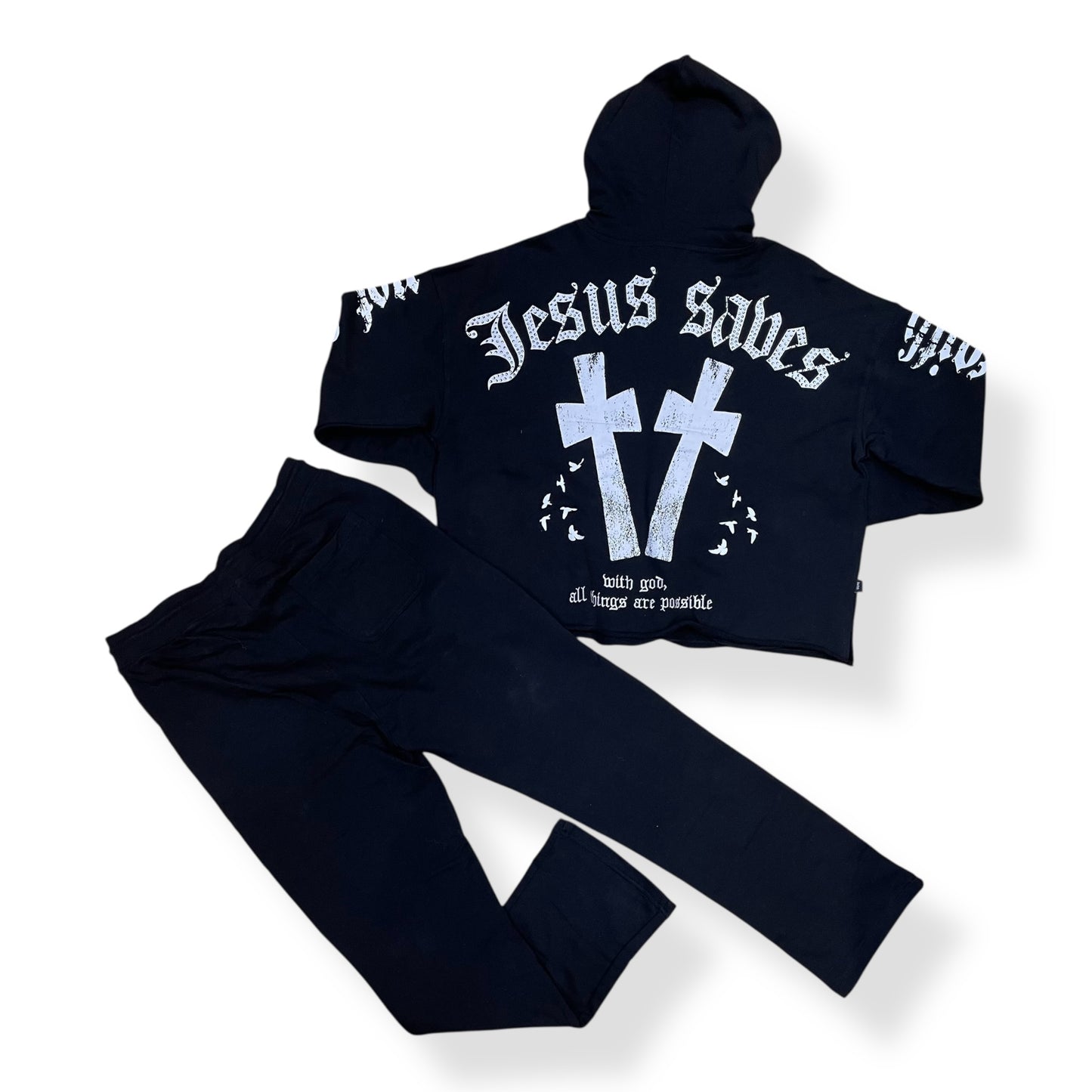 SW5241 - JESUS SAVES CROSS With Rhinestone Hoody & Stacked Fleece Pant (2 Piece Full Set)
