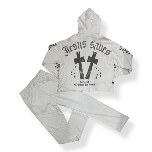 SW5241 - JESUS SAVES CROSS With Rhinestone Hoody & Stacked Fleece Pant (2 Piece Full Set)