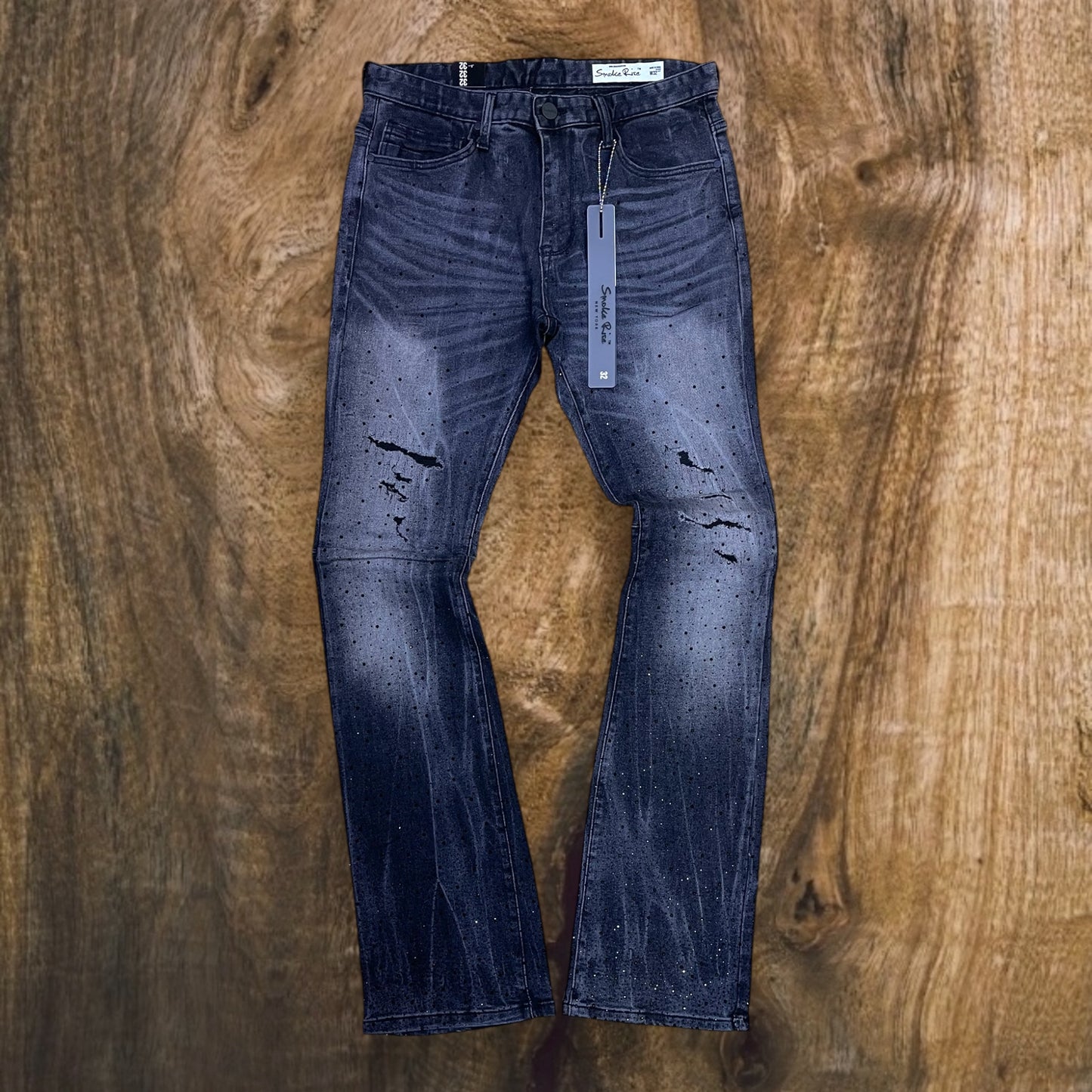 JP25536 - Fade Washed All Over Rhinestone Stacked Flare Jeans