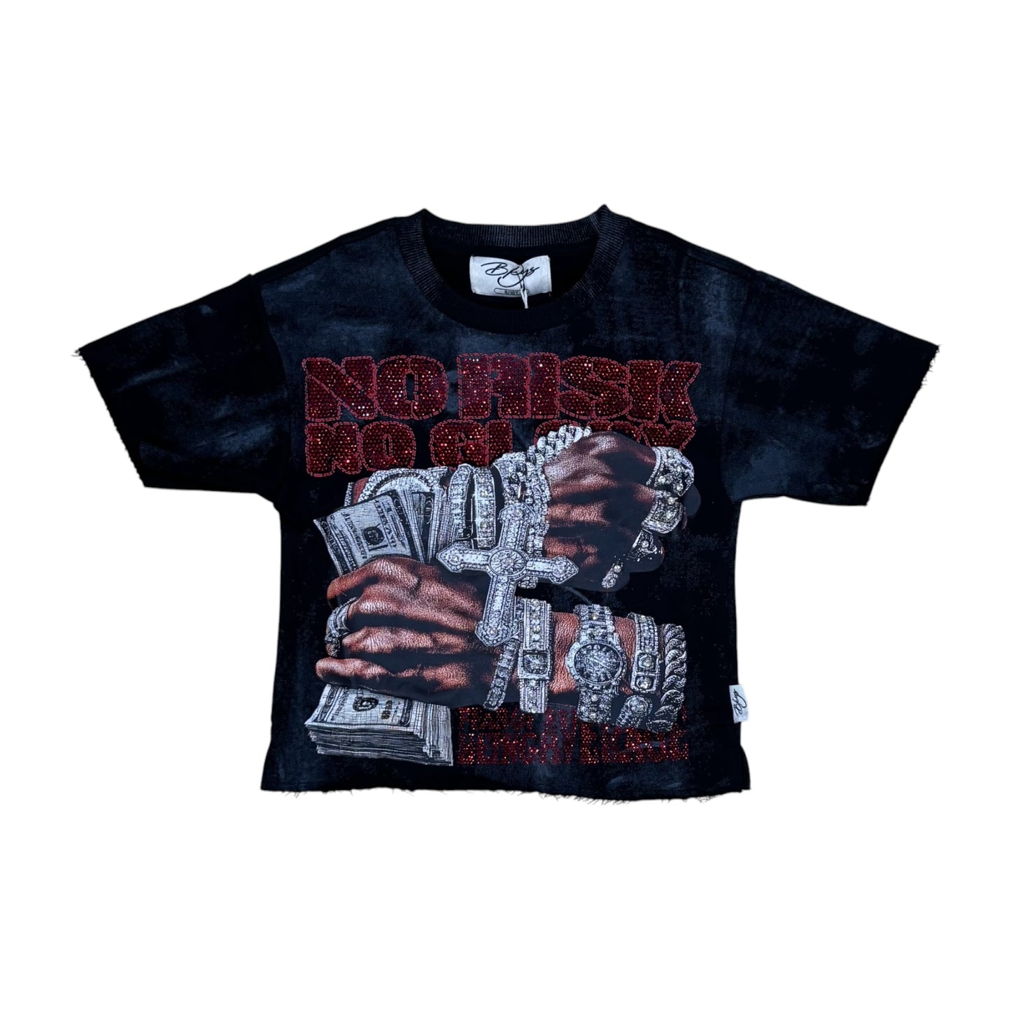 T1464B - Boy's/Kid's No Risk No Glory with Rhinestones Cropped Top T-Shirt