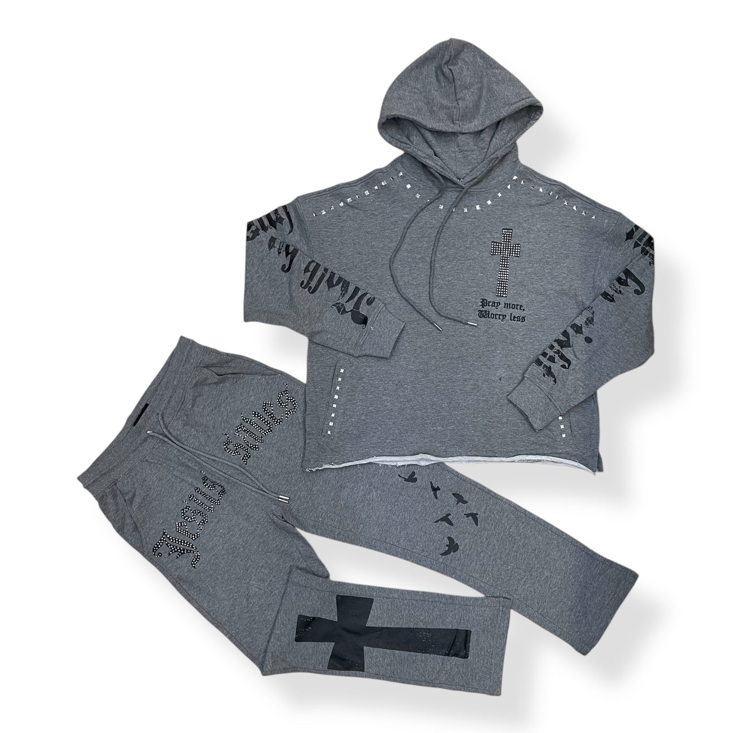 SW5241 - JESUS SAVES CROSS With Rhinestone Hoody & Stacked Fleece Pant (2 Piece Full Set)