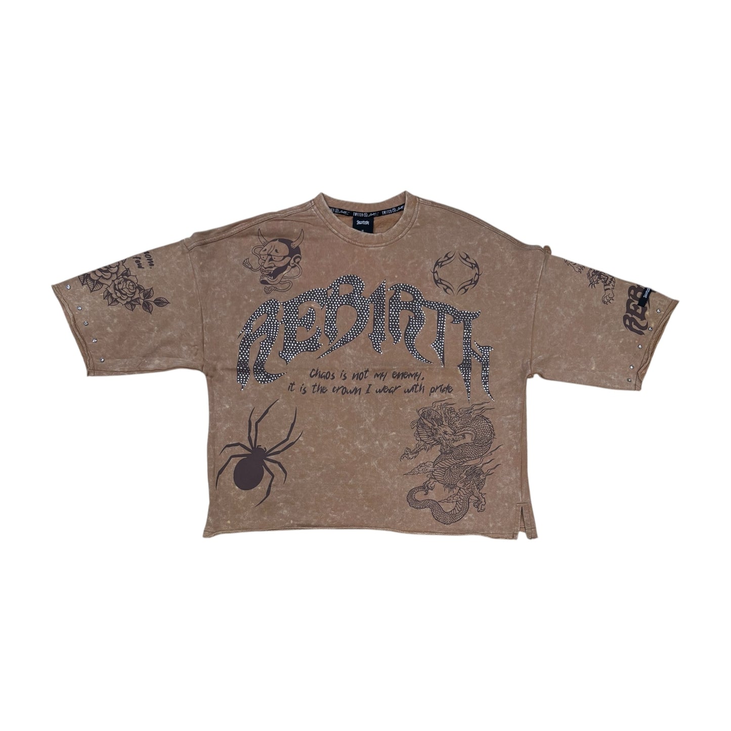 WH-SM6140 - Rebirth with Studs n Rhinestone Cropped Top Graphic T-Shirt