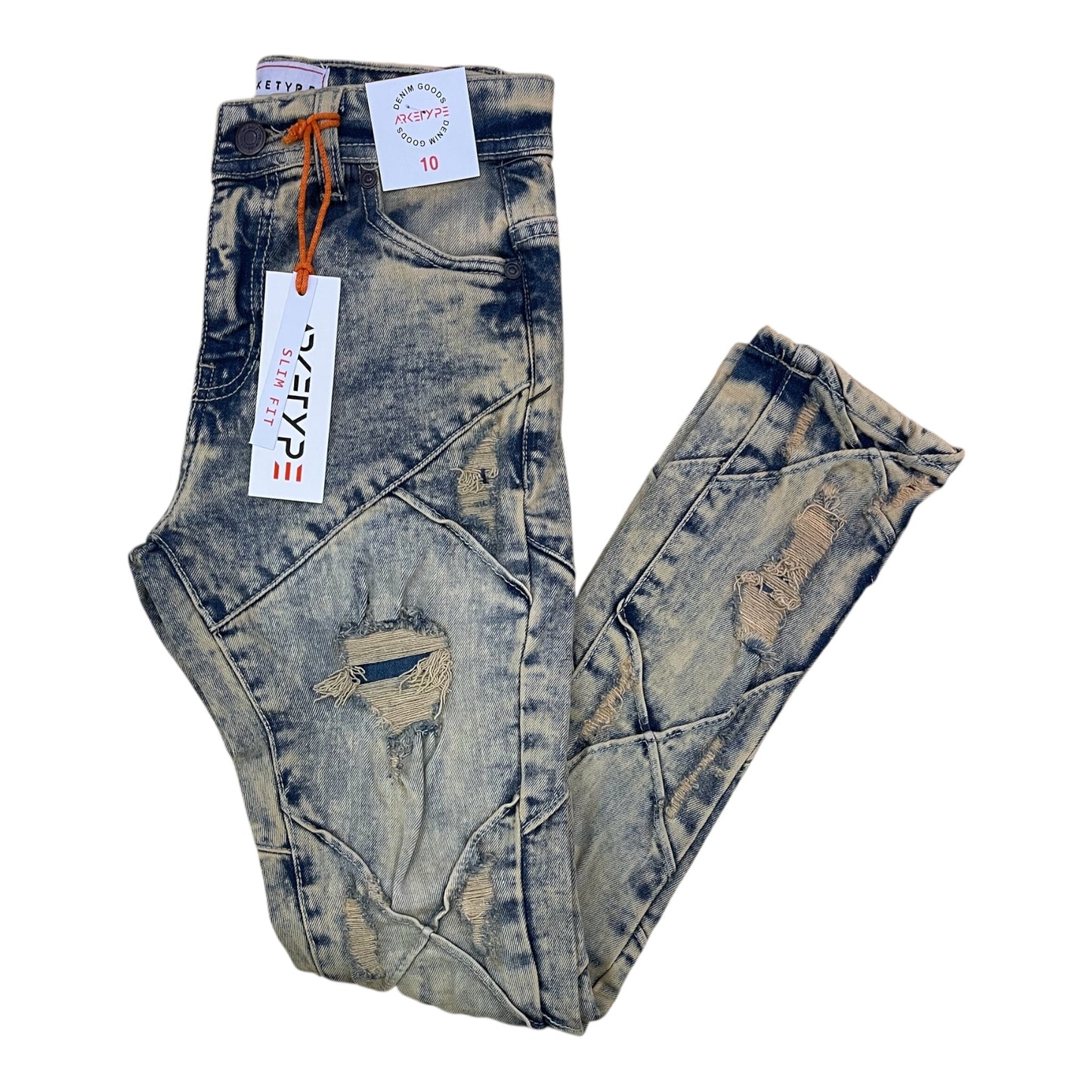 P507K - Boy's/Kids Pleated Edge Ripped Slim-Fit Stretch Jeans