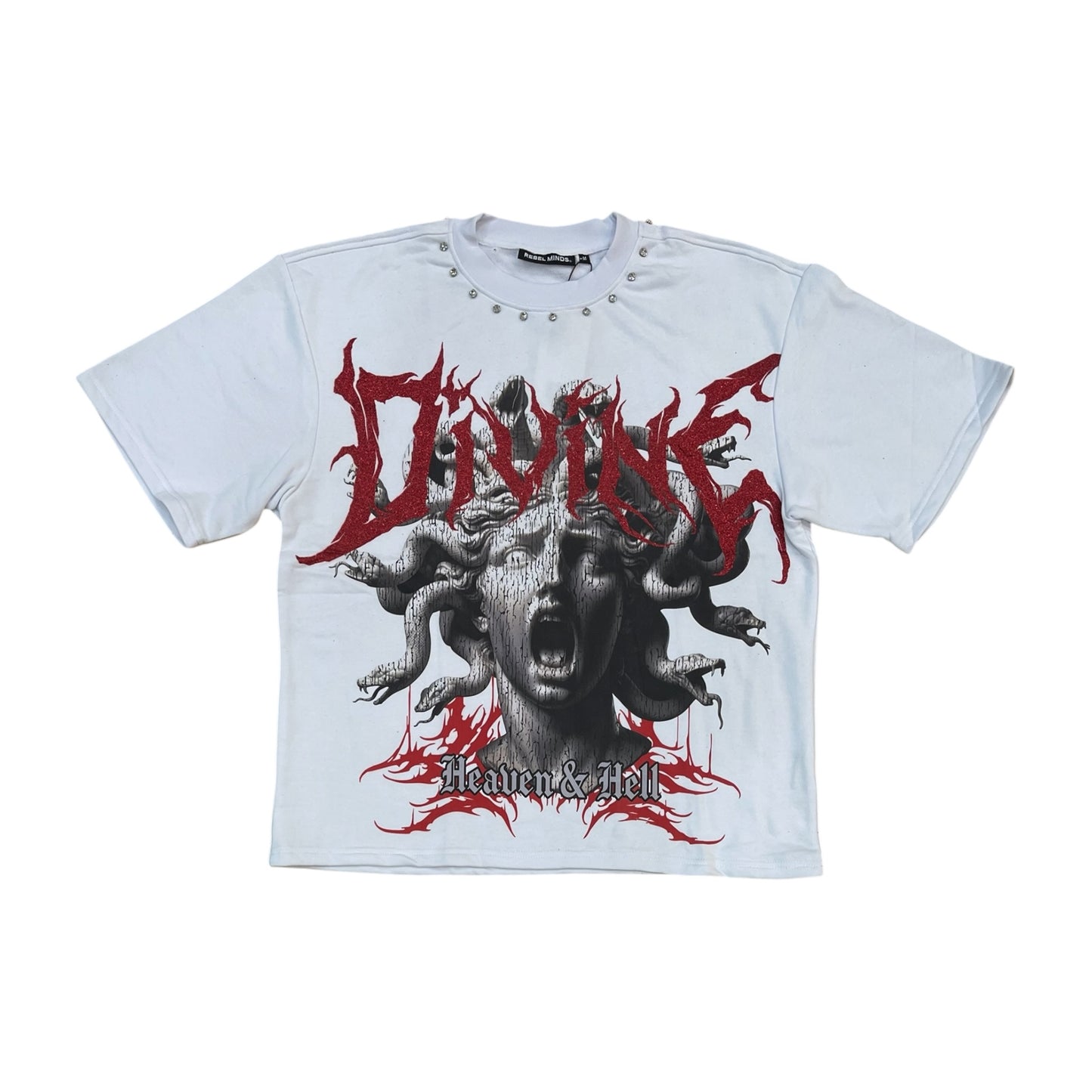 WH-610-11131 - Divine Medusa with Studs Cropped Graphic T-Shirt