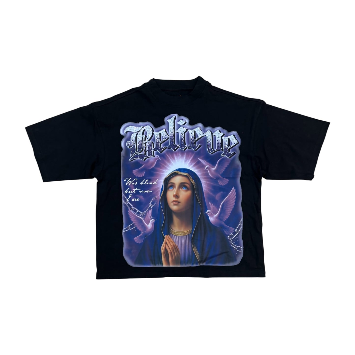 T2624 - Believe with Rhinestone Cropped Oversized Graphic T-Shirt