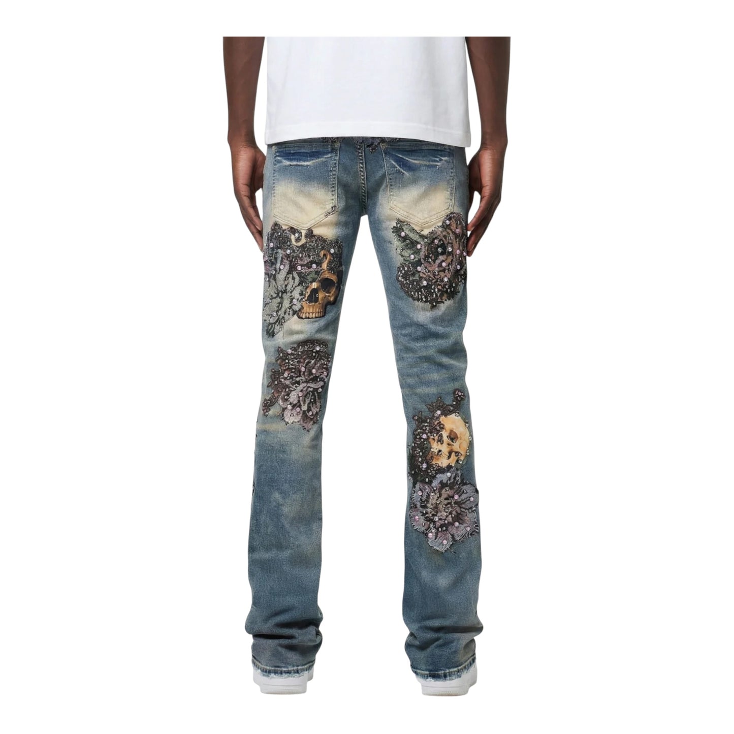 M8597D - Floral Embroidery & Skull with Multicolor Studs Stacked Flare Jeans