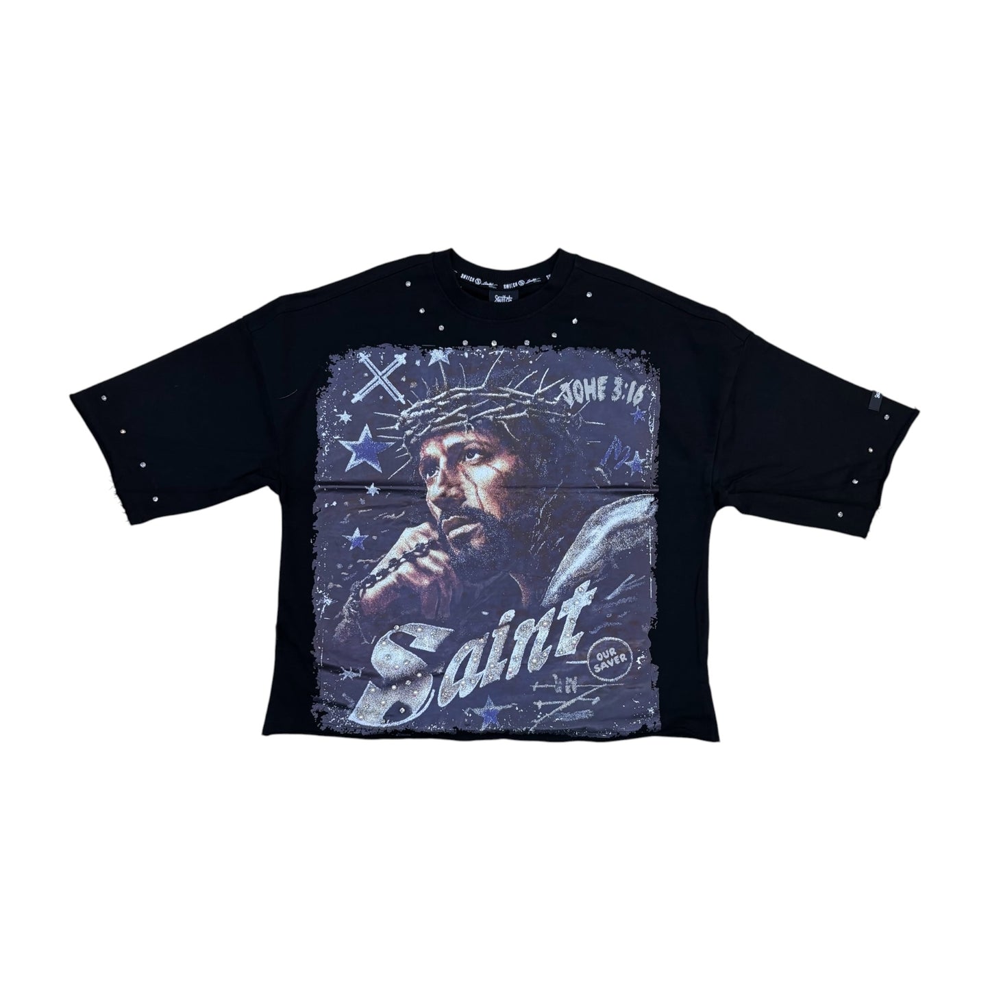 WH-SW6155 - Saint with Studs Cropped Top Graphic T-Shirt