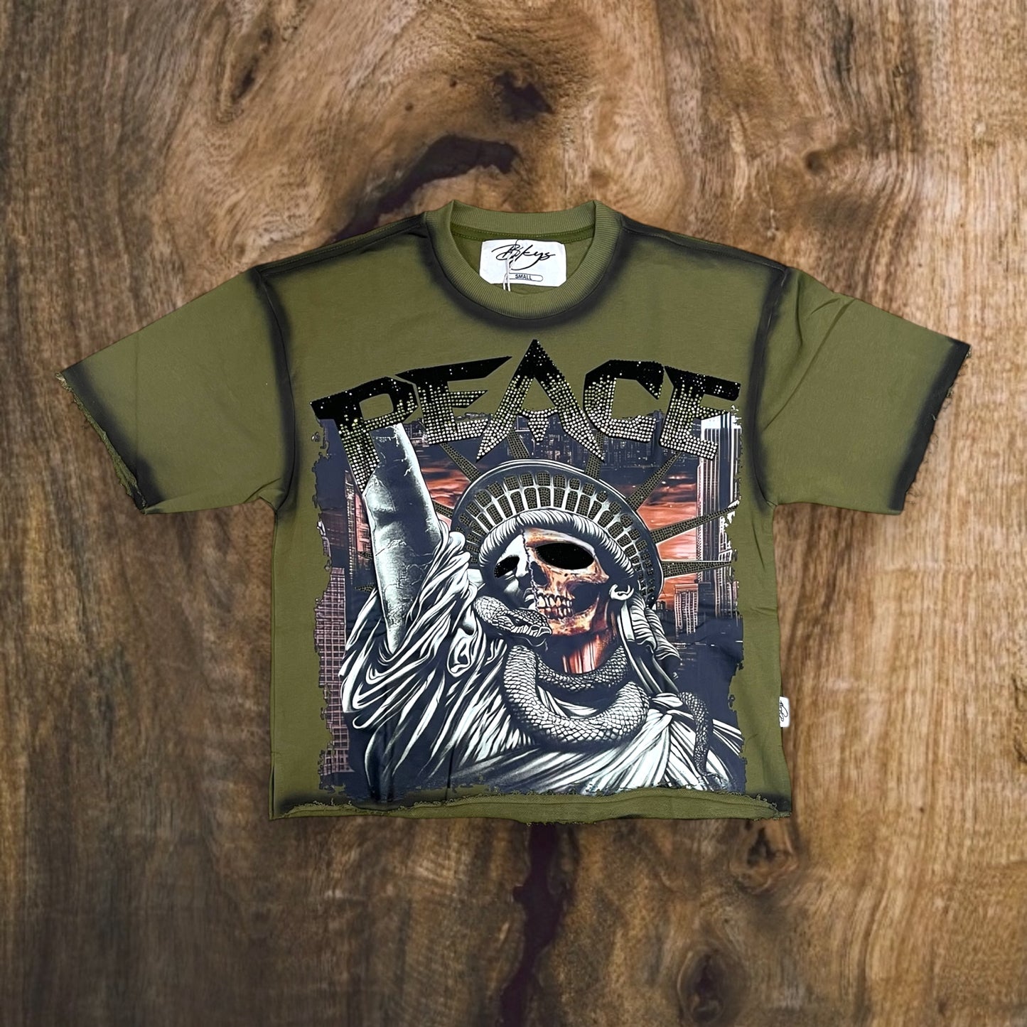 T1366 - Peace with Rhinestones Cropped Top T-Shirt
