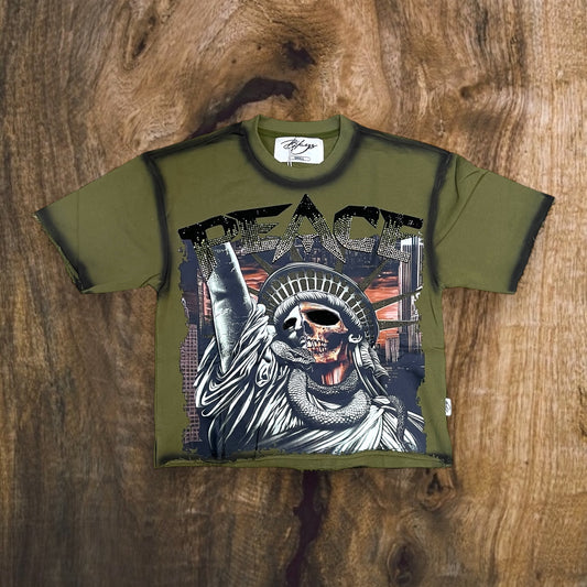T1366 - Peace with Rhinestones Cropped Top T-Shirt