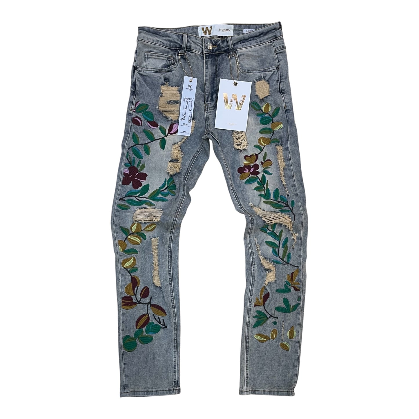 M8745D - Multicolor Leaf Embroidered Slim-Fit Jeans