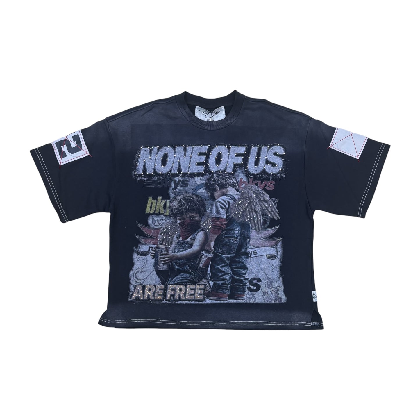 WH-T1610 - None of us are Free with Rhinestones n Studs Boxy T-Shirt
