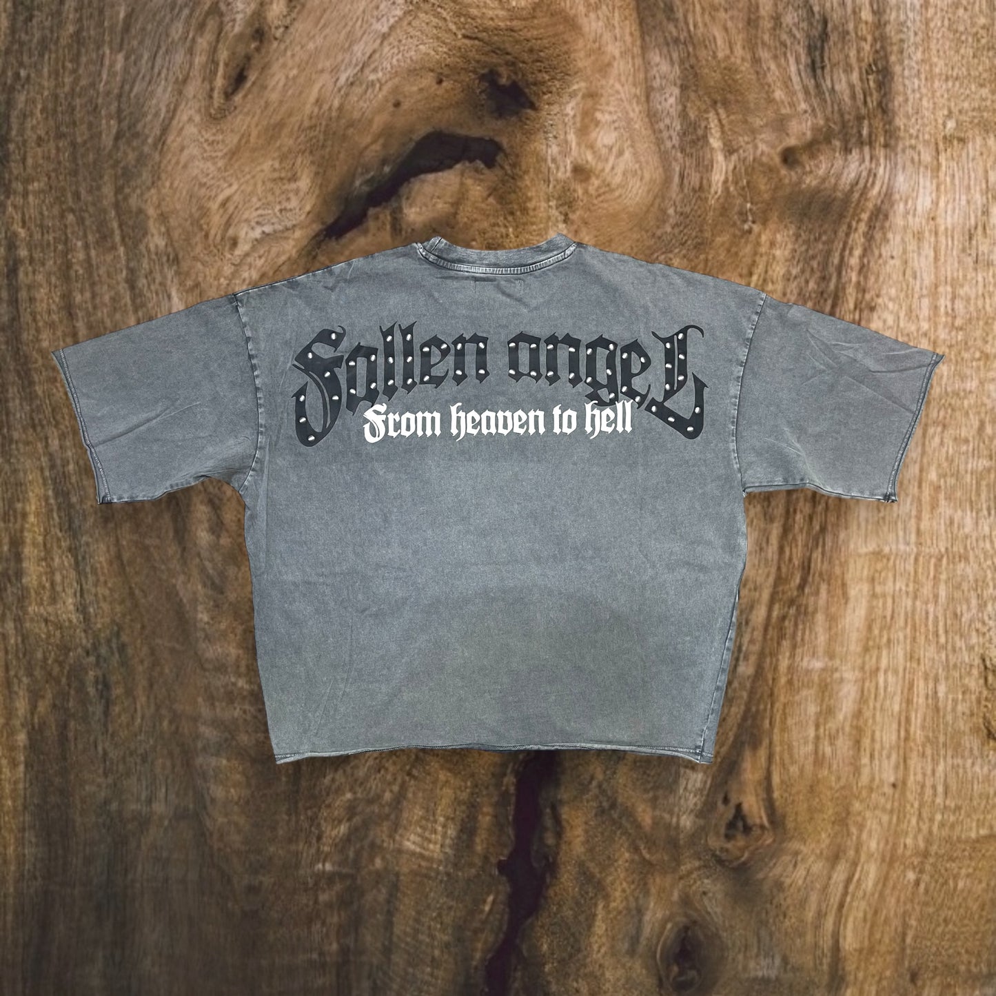 RK1481683 - Fallen Angel with Studs Cropped Drop Shoulder Graphic T-Shirt (Washed Grey)