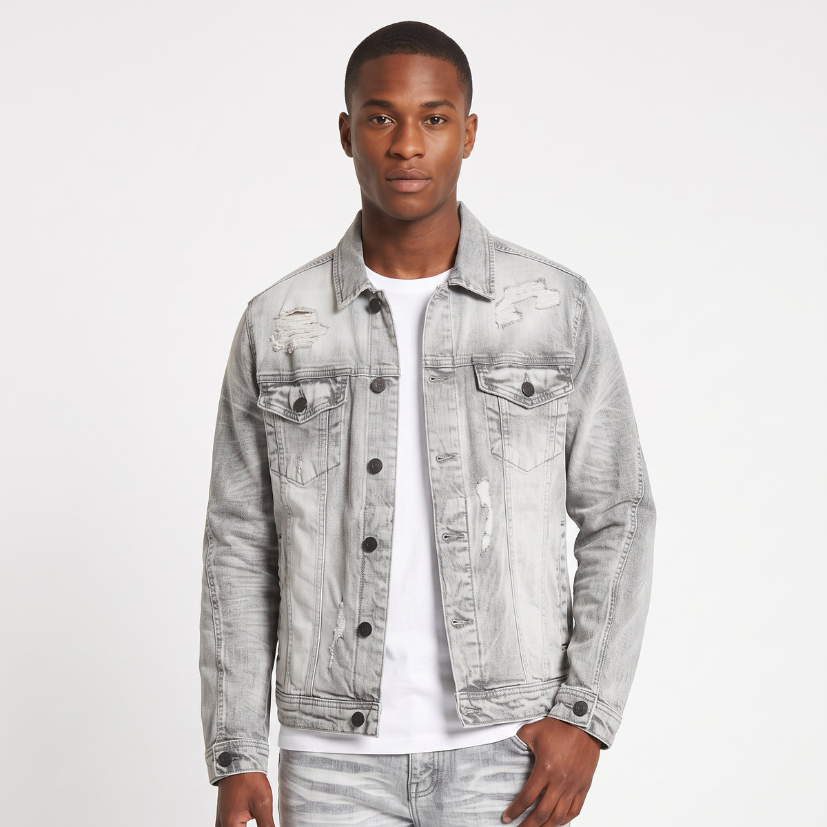 WH-J633 - Spencer with Distressed Detailing Rip & Repair Stretch Denim Jacket