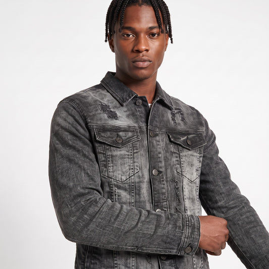 WH-J633 - Spencer with Distressed Detailing Rip & Repair Stretch Denim Jacket