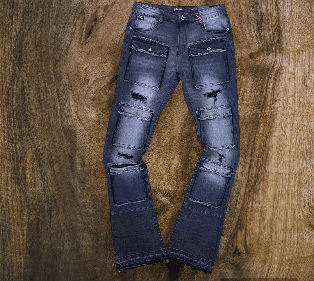 SF3691 -Damaged Stacked Denim W/Multi Patch - Just Casual